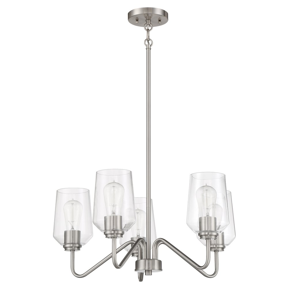 Chandelier 5 Light In Brushed Polished Nickel And Clear Glass