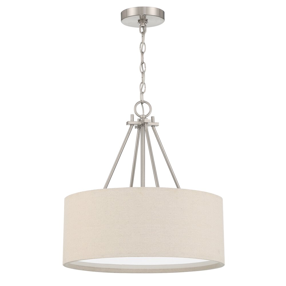 3 Light 18" Drum Shade Pendant In Brushed Polished Nickel And Beige Fabric Shade