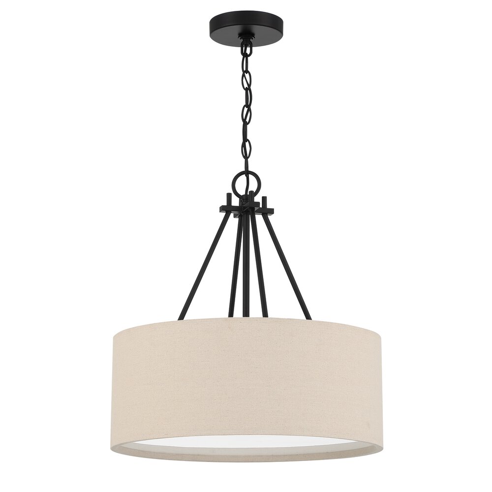 3 Light 18" Drum Shade Pendant In Flat Black And Beige Fabric Shade