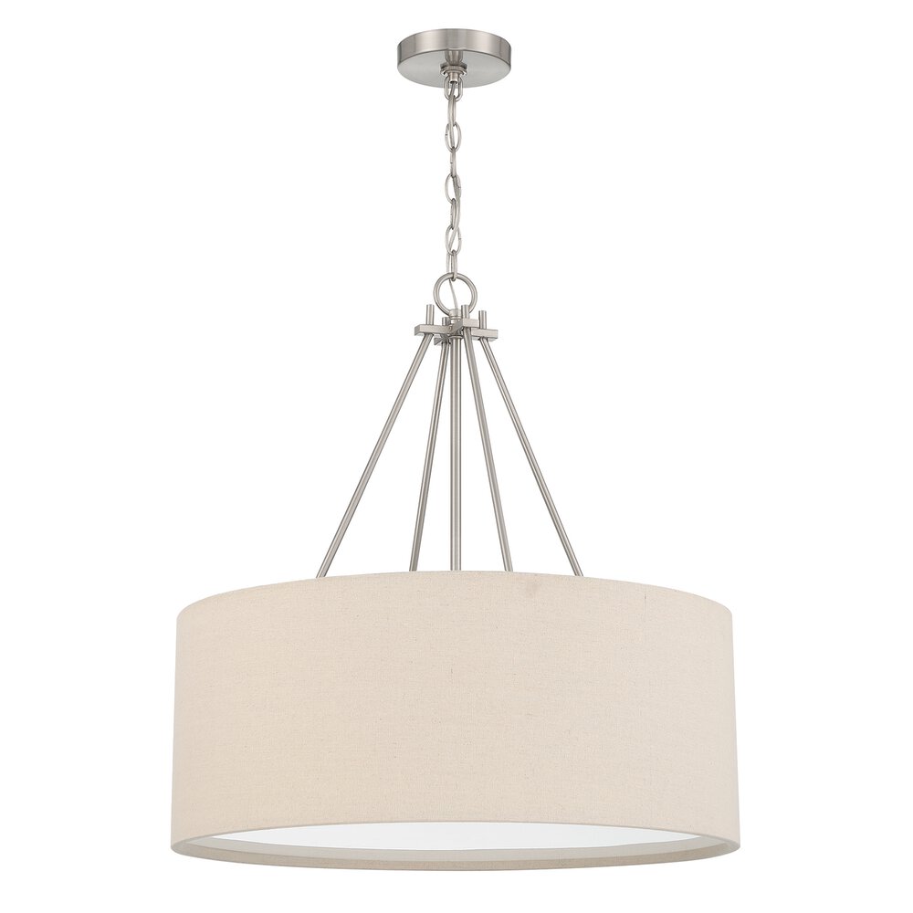 3 Light 24" Drum Shade Pendant In Brushed Polished Nickel And Beige Fabric Shade