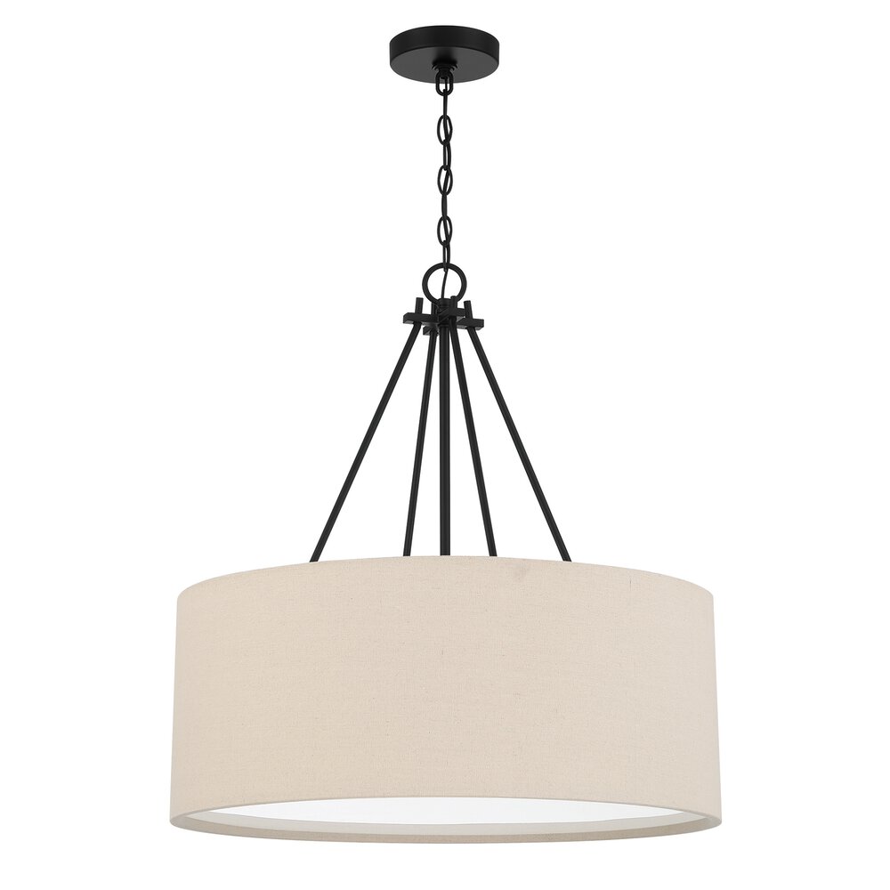 3 Light 24" Drum Shade Pendant In Flat Black And Beige Fabric Shade