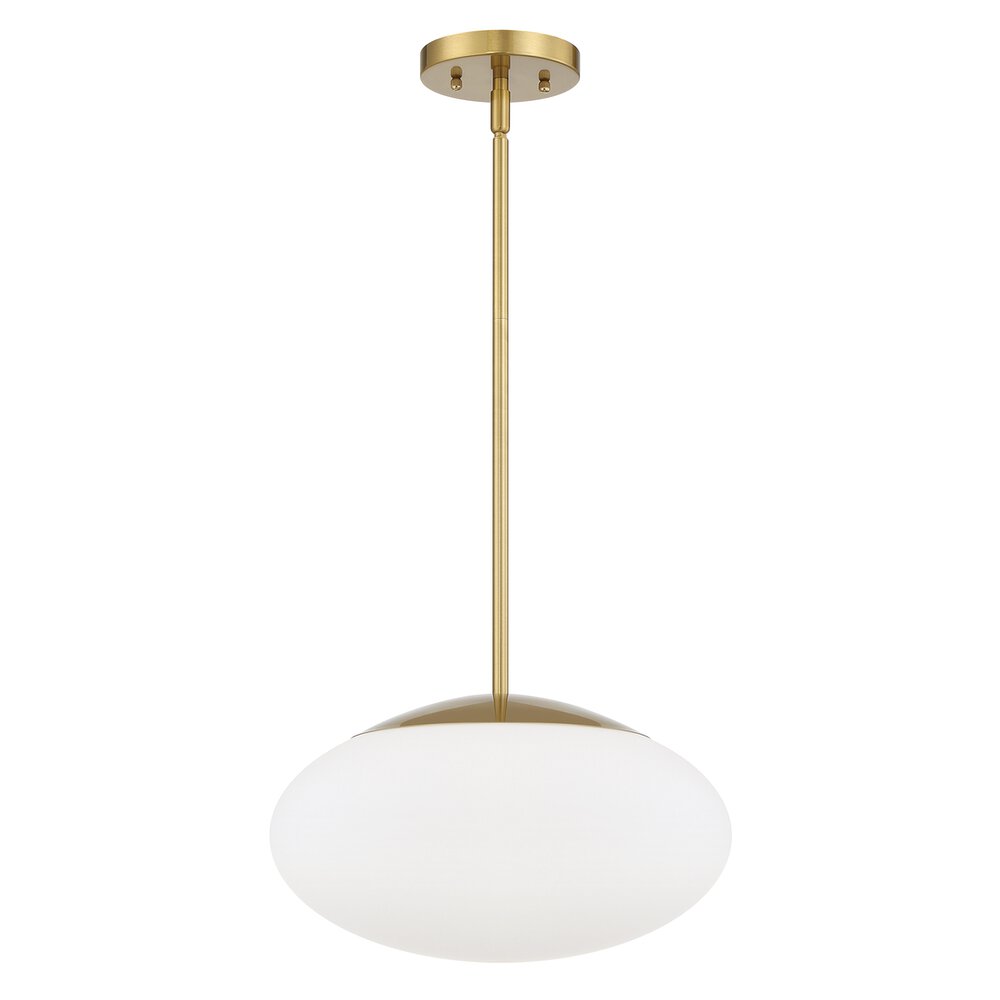 14" Oval 1 Light Pendant Rod Hung In Satin Brass And Frost White Glass