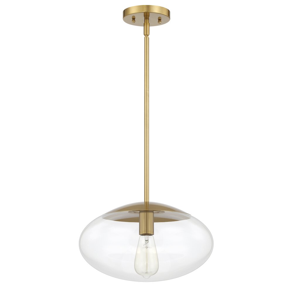 14" Oval 1 Light Pendant Rod Hung In Satin Brass And Clear Glass