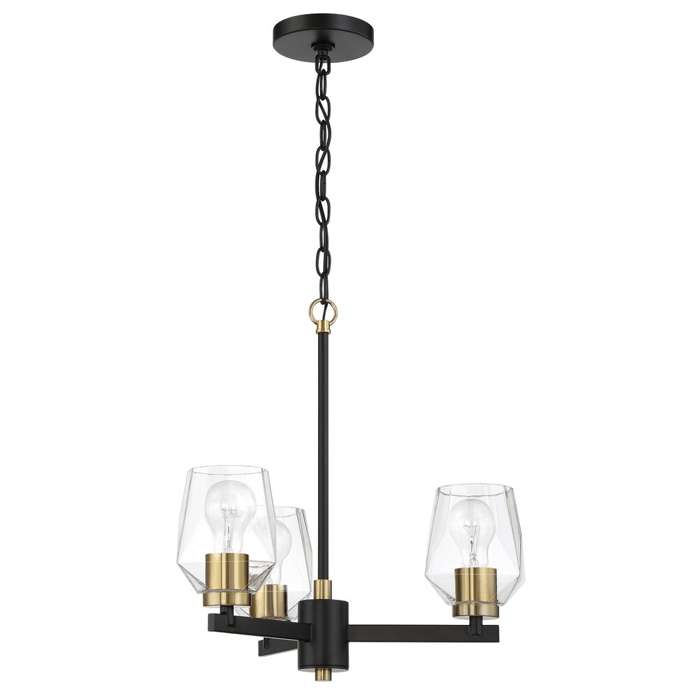 3 Light Chandelier In Flat Black/Satin Brass And Clear Glass