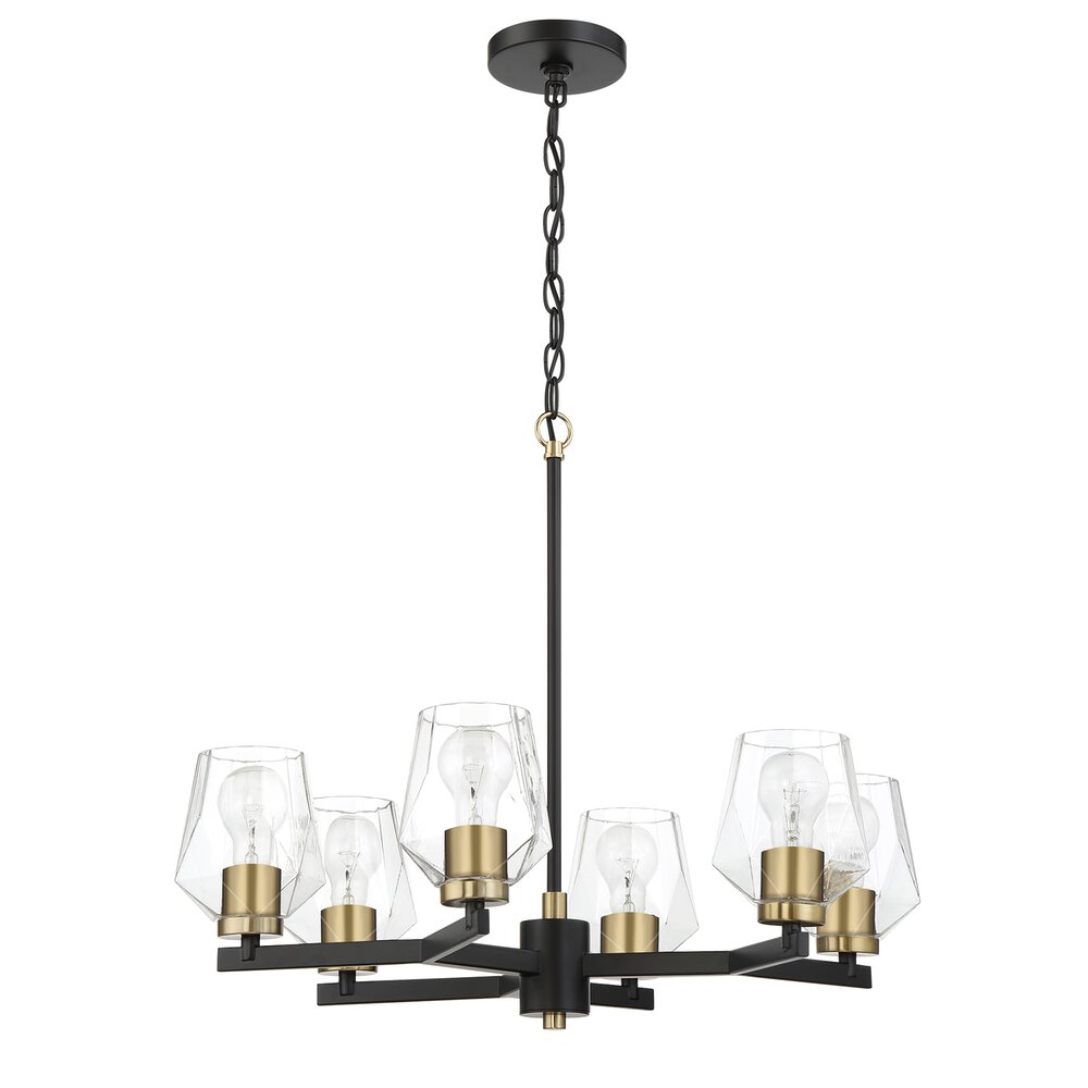 6 Light Chandelier In Flat Black/Satin Brass And Clear Glass