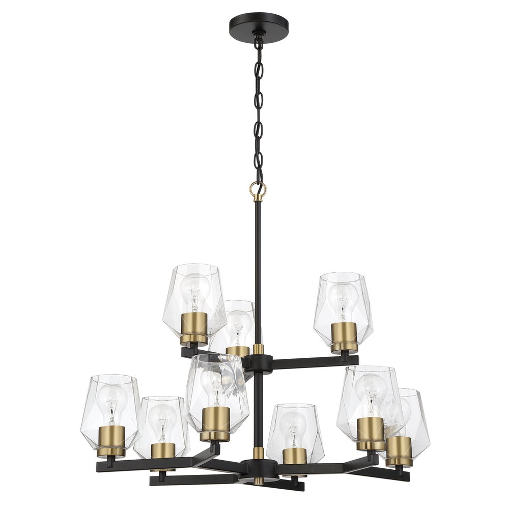 9 Light Two-Tier Chandelier In Flat Black/Satin Brass And Clear Glass