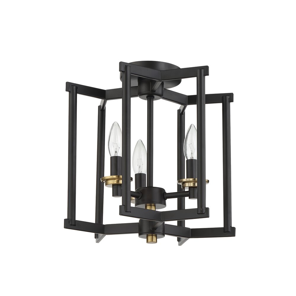 3 Light Cage Convertible Semi Flush/Pendant In Flat Black/Satin Brass