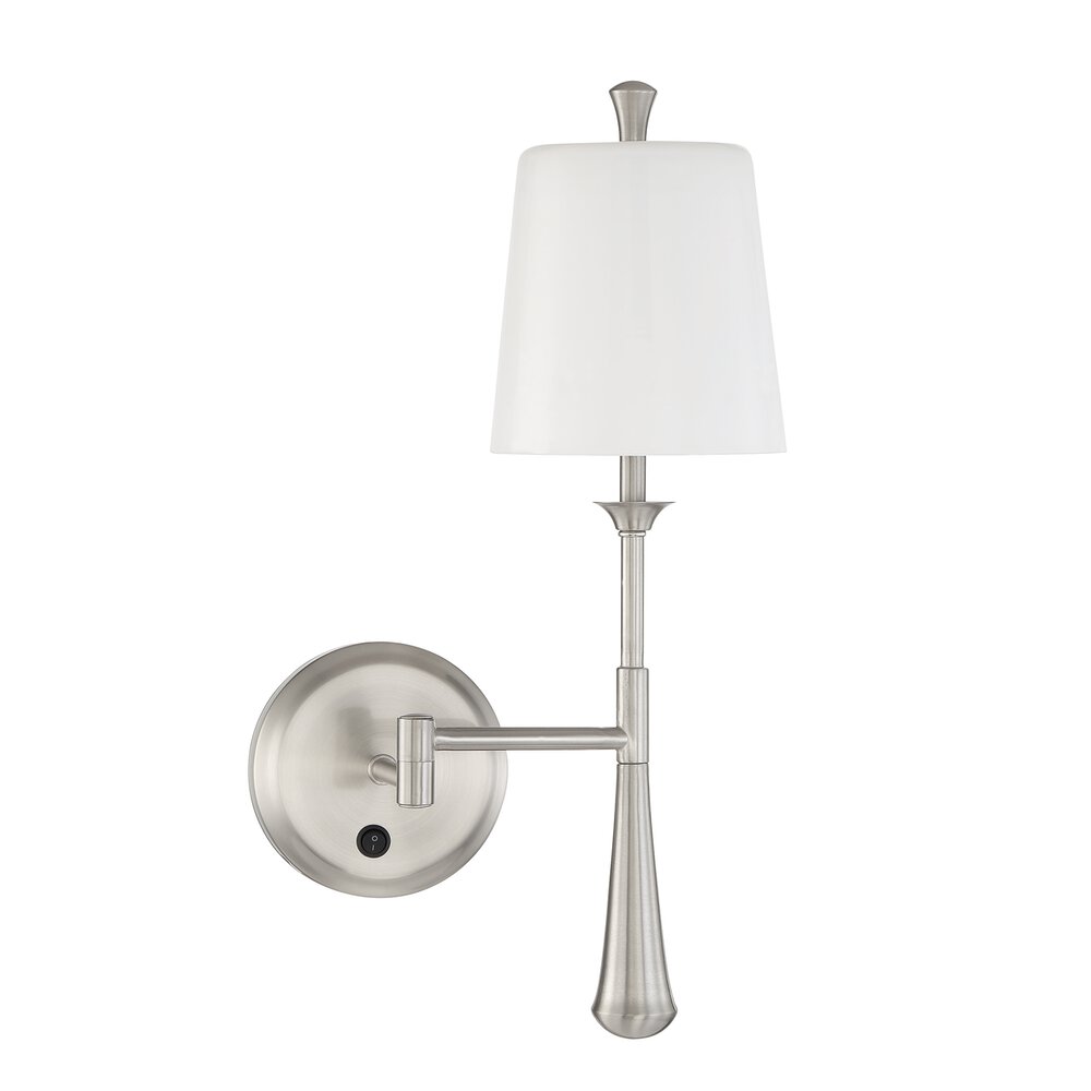1 Light Swing Arm Wall Sconce In Brushed Polished Nickel And Frosted Opal Glass