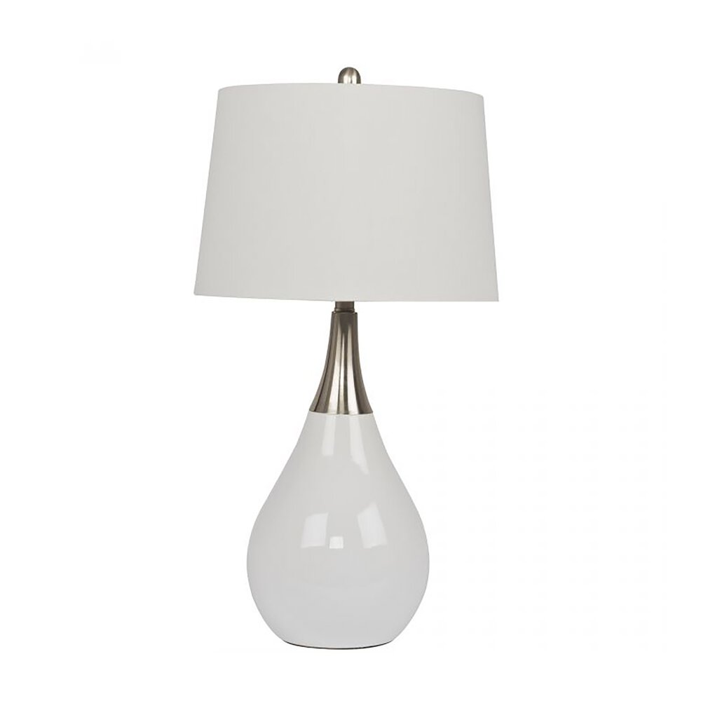 Table Lamp In Gloss White / Brushed Polished Nickel And White Fabric Shade