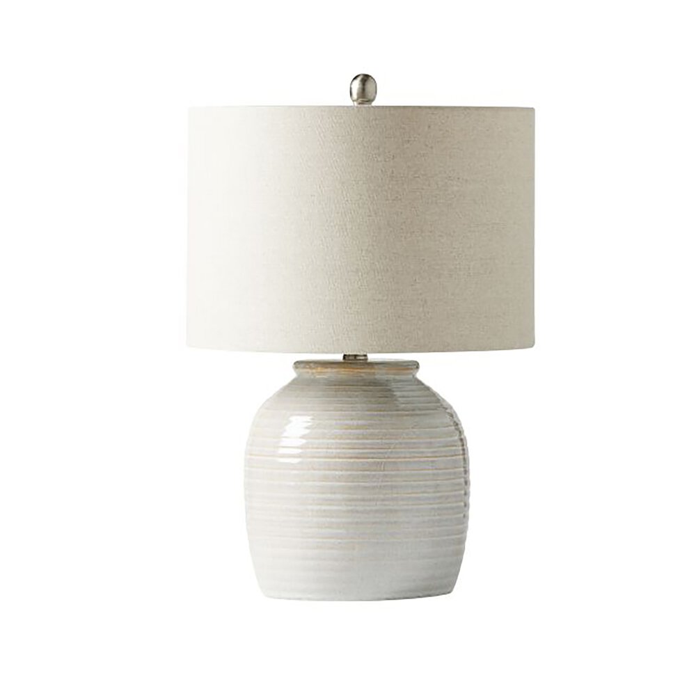 Table Lamp In White Ceramic / Brushed Polished Nickel And Oatmeal Fabric Shade