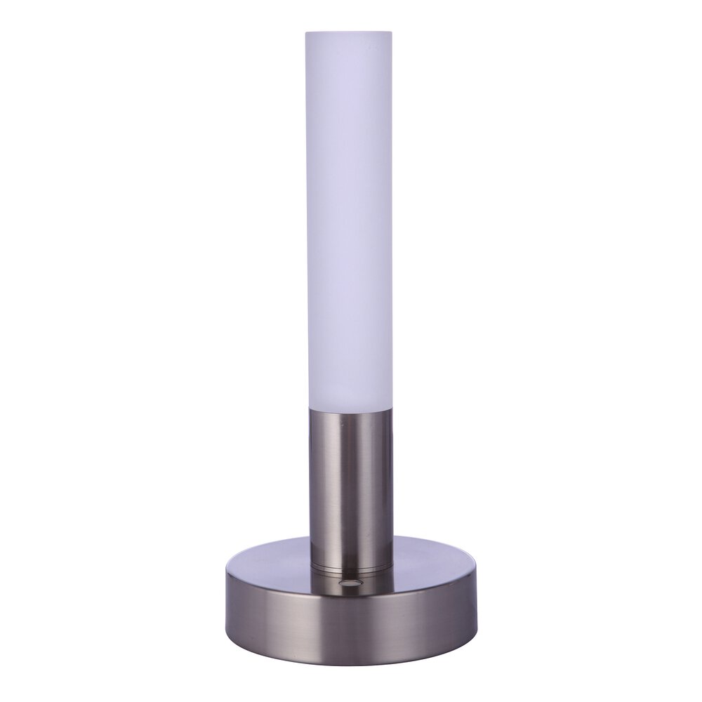 Zoltan Rechargeable Dimmable Led Cylinder Portable Lamp With Glass Shade In Brushed Polished Nickel And Frosted Acrylic Fixture