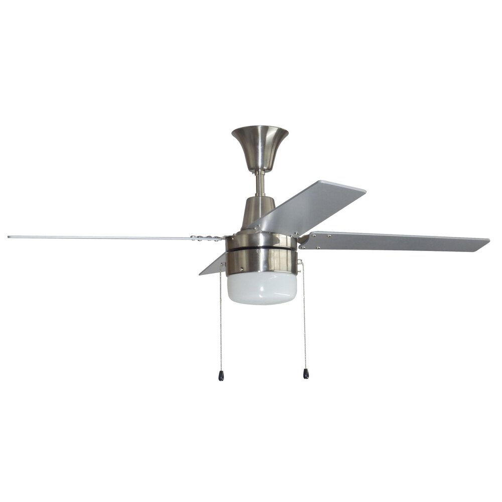 48" Ceiling Fan With Pull Chain And Integrated Light In Brushed Polished Nickel And Frost White Glass