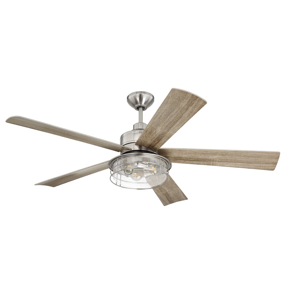 56" Ceiling Fan With Blades And Light Kit In Brushed Polished Nickel And Seeded Glass