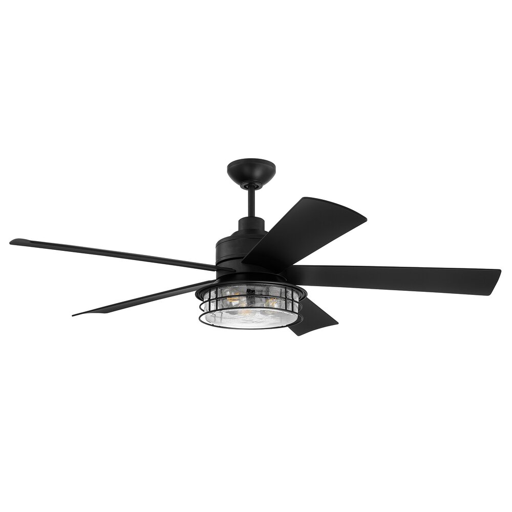 56" Ceiling Fan With Blades And Light Kit In Flat Black And Clear Glass