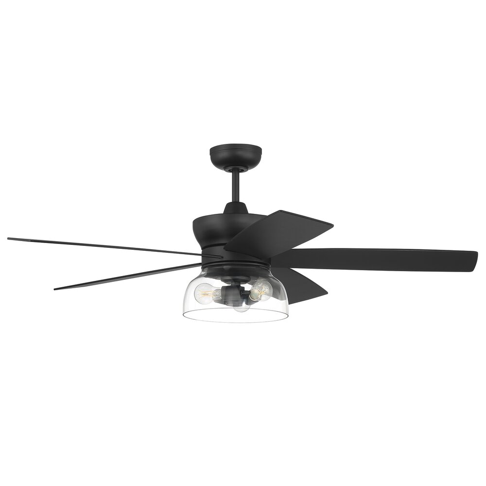 52" Ceiling Fan With Light Kit In Flat Black And Clear Glass