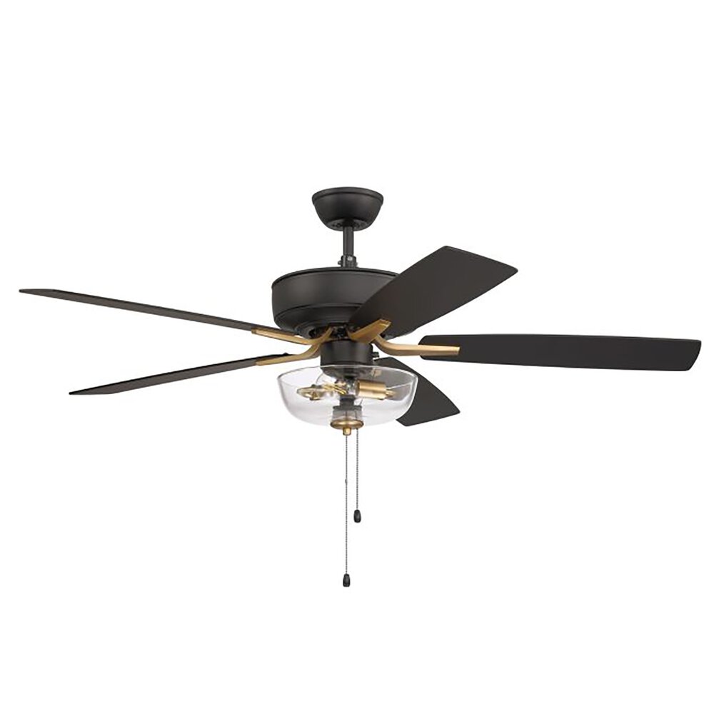 52" Pro Plus Ceiling Fan With Blades And Integrated Light Kit Included In Flat Black/Satin Brass And Clear Glass