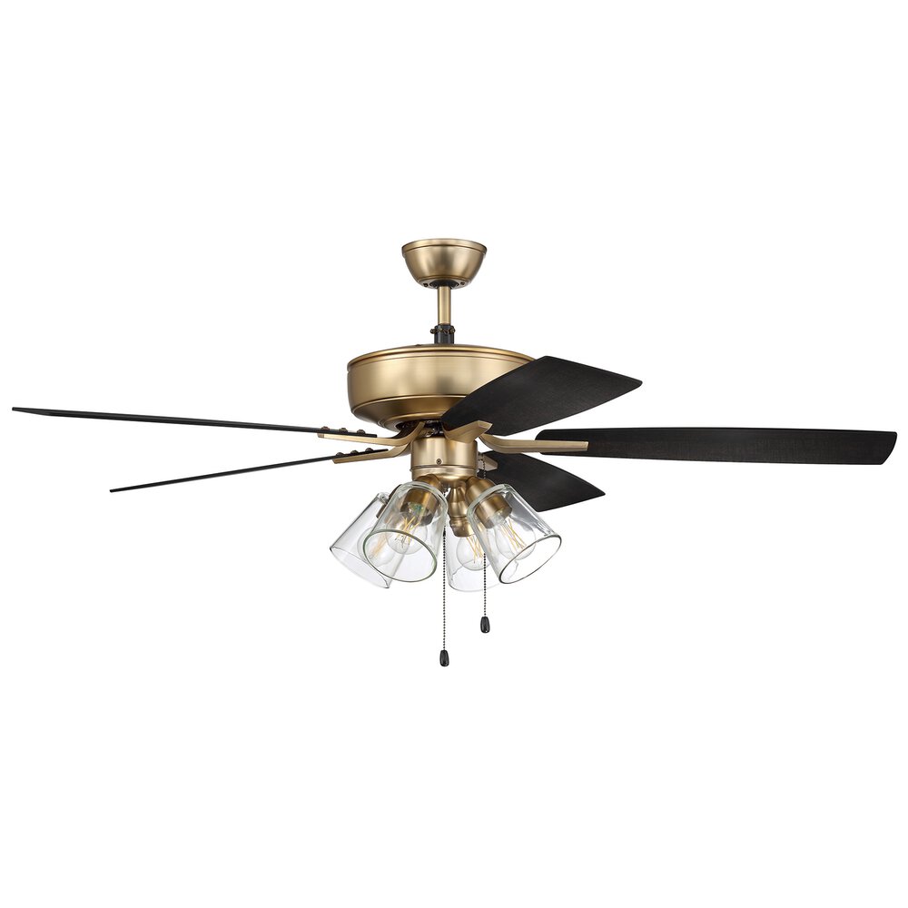 52" Pro Plus Fan With 4 Light Kit With Clear Glass And Blades In Satin Brass