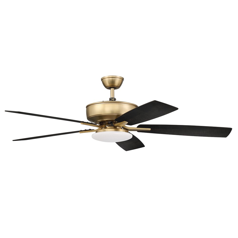 52" Pro Plus Fan With Low Profile Light Kit And Blades In Satin Brass And Frost White Acrylic Fixture