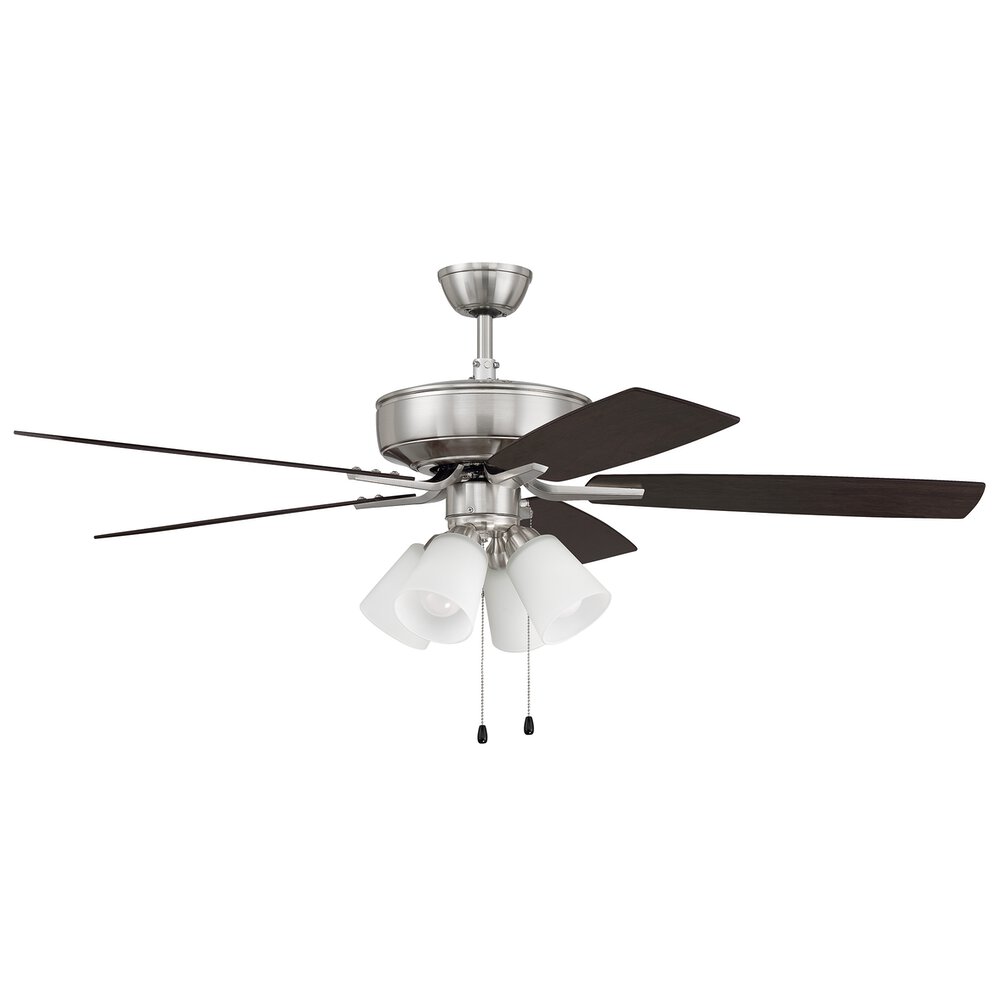 52" Pro Plus Fan With 4 Light Kit With White Glass And Blades In Brushed Polished Nickel And Frost White Glass