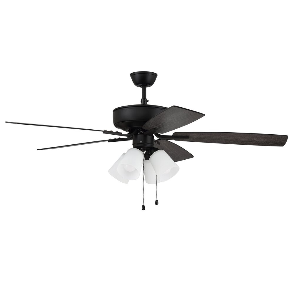 52" Pro Plus Fan With 4 Light Kit With White Glass And Blades In Flat Black And Frost White Glass