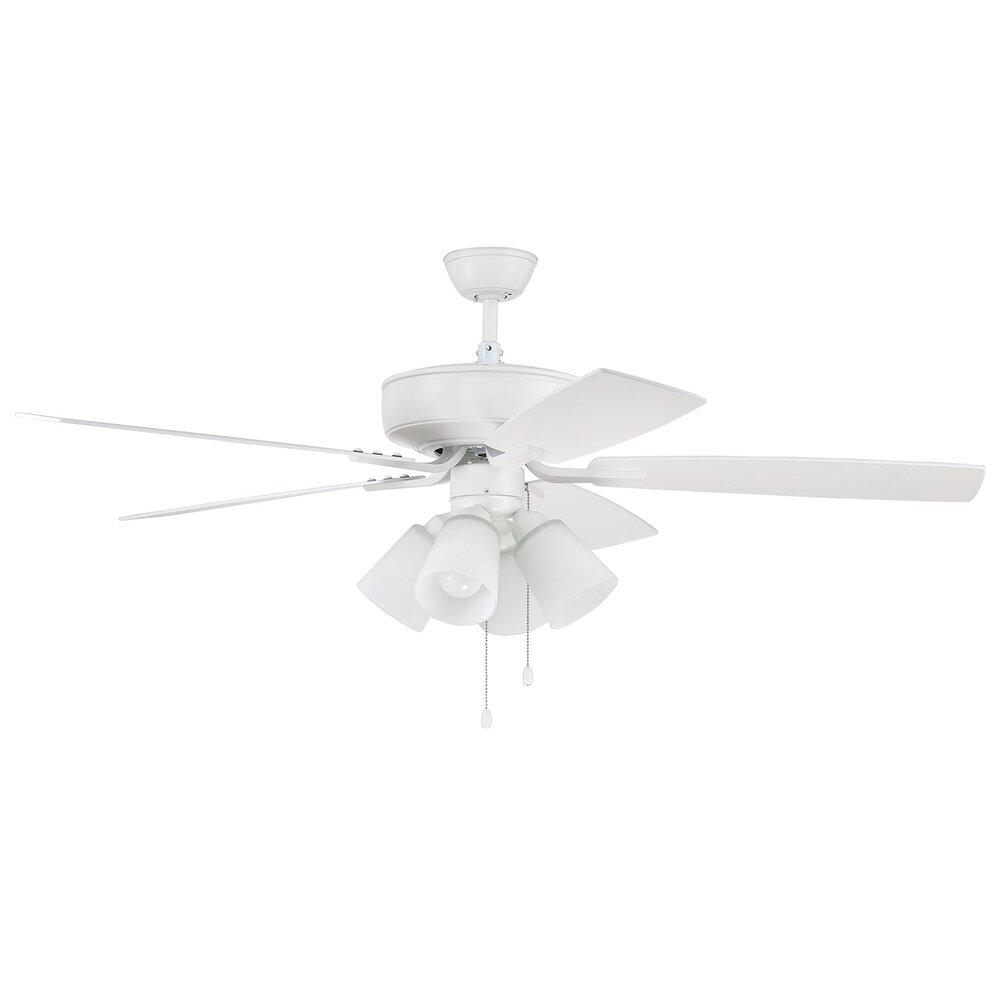 52" Pro Plus Fan With 4 Light Kit With White Glass And Blades In White And Frost White Glass