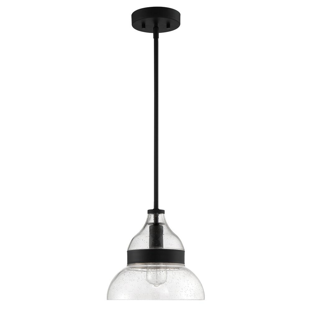 1 Light Mini Pendant In Flat Black And Seeded Glass