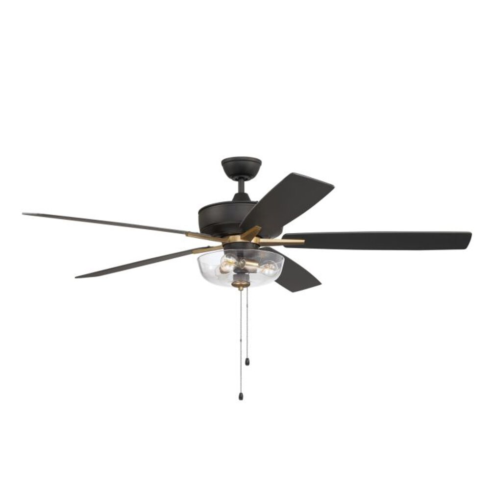 60" Super Pro 101 Ceiling Fan With Blades And Integrated Light Kit In Flat Black/Satin Brass And Clear Glass