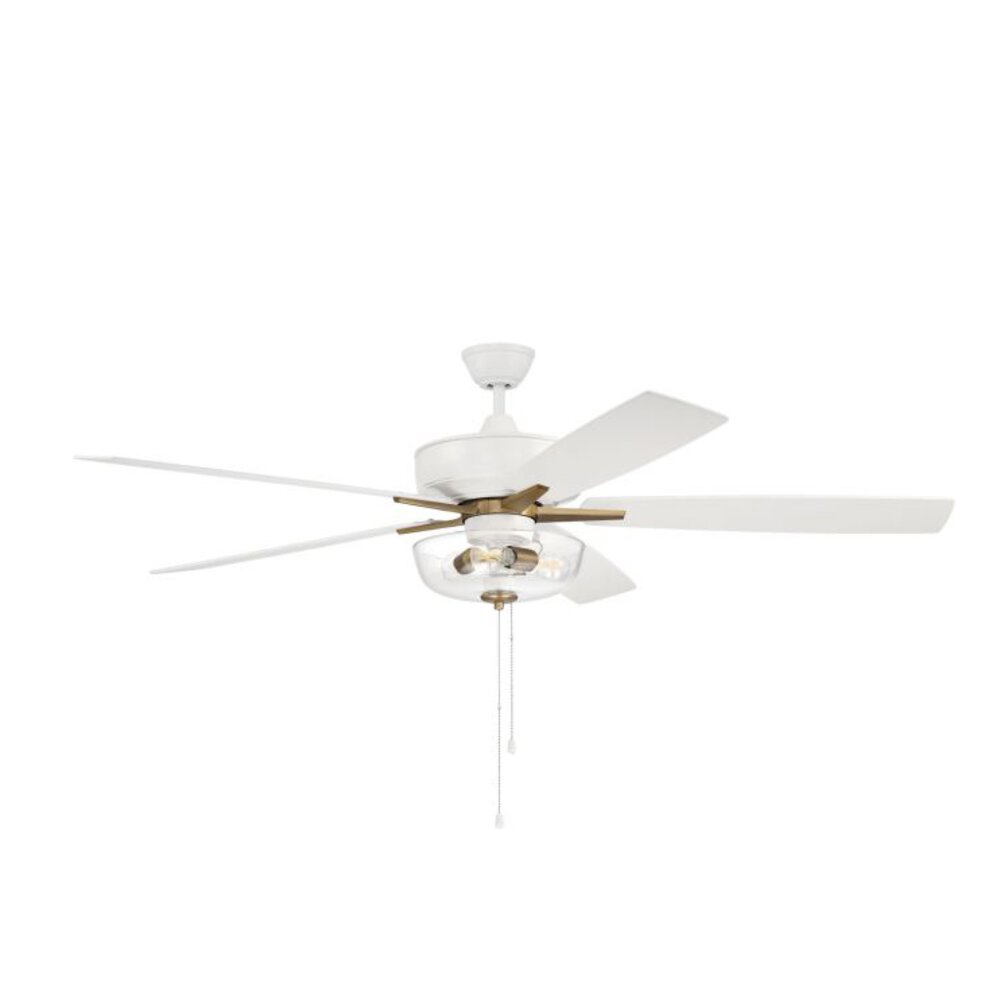 60" Super Pro 101 Ceiling Fan With Blades And Integrated Light Kit In White/Satin Brass And Clear Glass