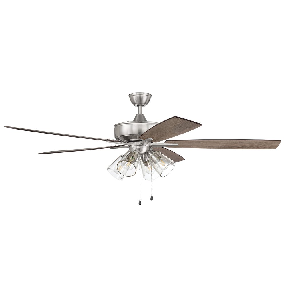 60" Super Pro Fan With 4 Light Kit And Blades In Brushed Polished Nickel And Clear Glass