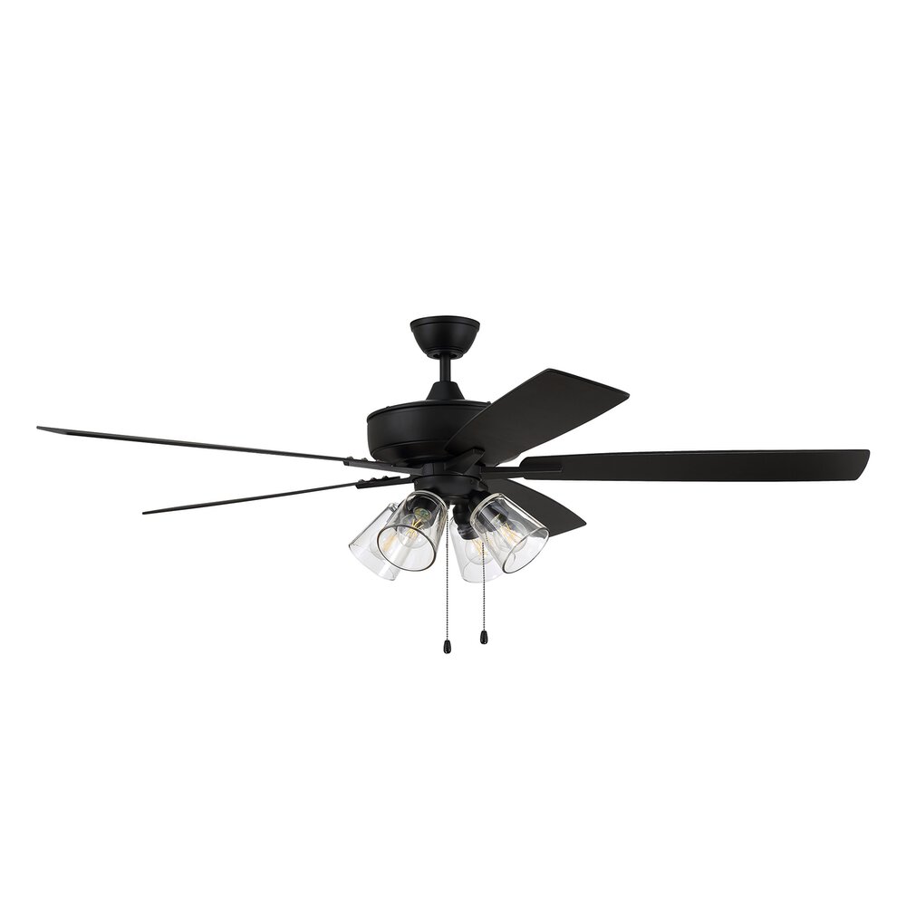 60" Super Pro Fan With 4 Light Kit And Blades In Flat Black And Clear Glass