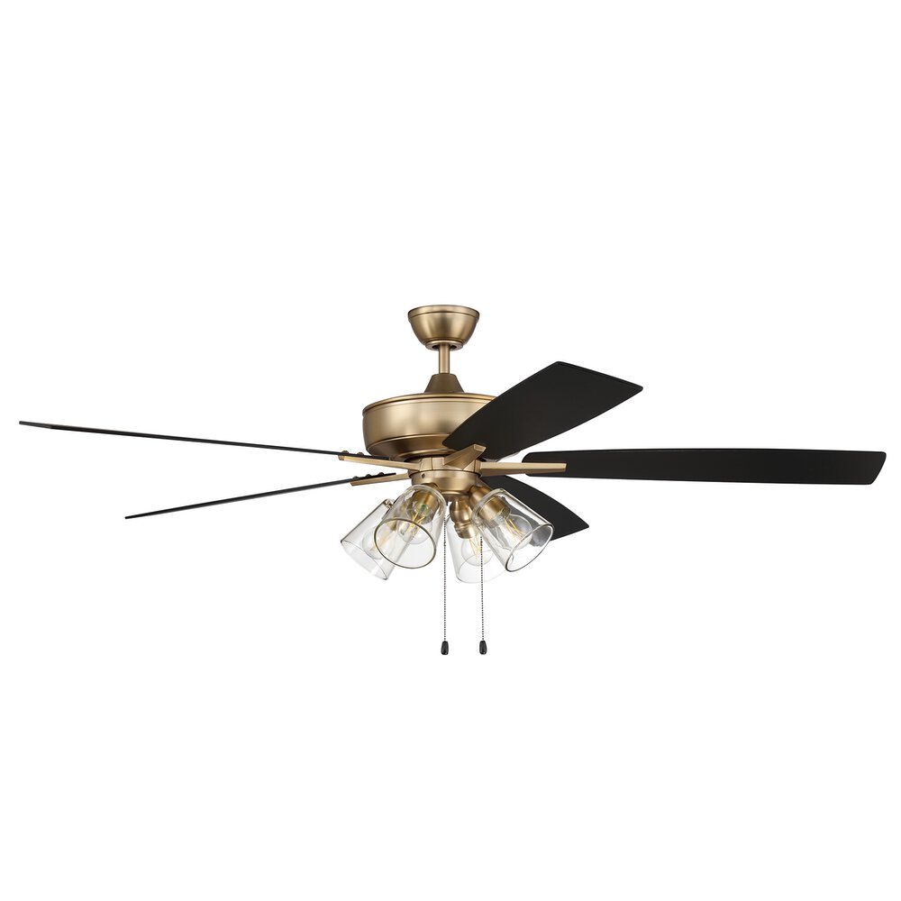 60" Super Pro Fan With 4 Light Kit And Blades In Satin Brass And Clear Glass