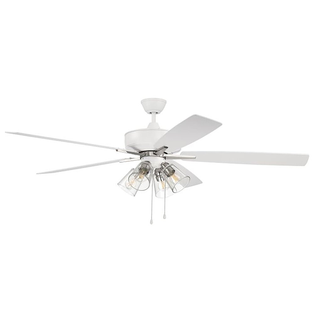 60" Super Pro 104 Ceiling Fan With Blades And Integrated 4 Light Kit In White / Polished Nickel And Clear Glass