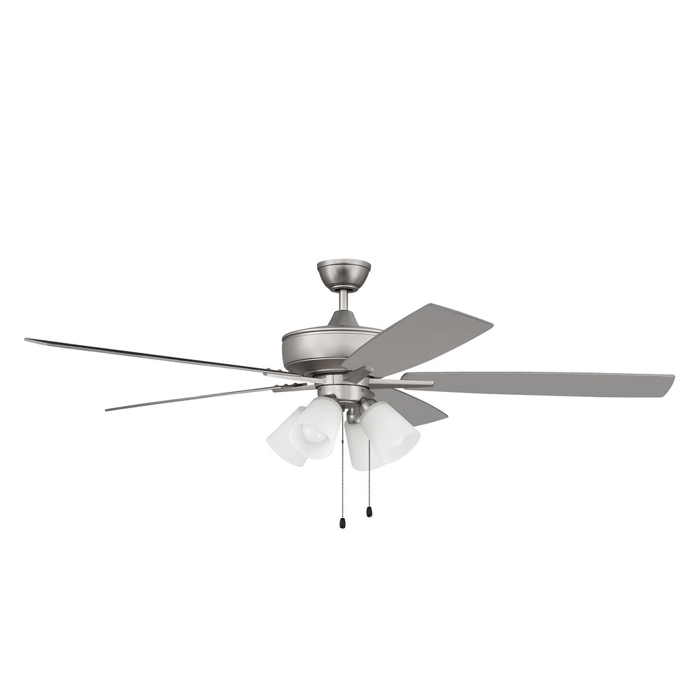 60" Super Pro Fan With 4 Light Kit And Blades In Brushed Satin Nickel And Frost White Glass