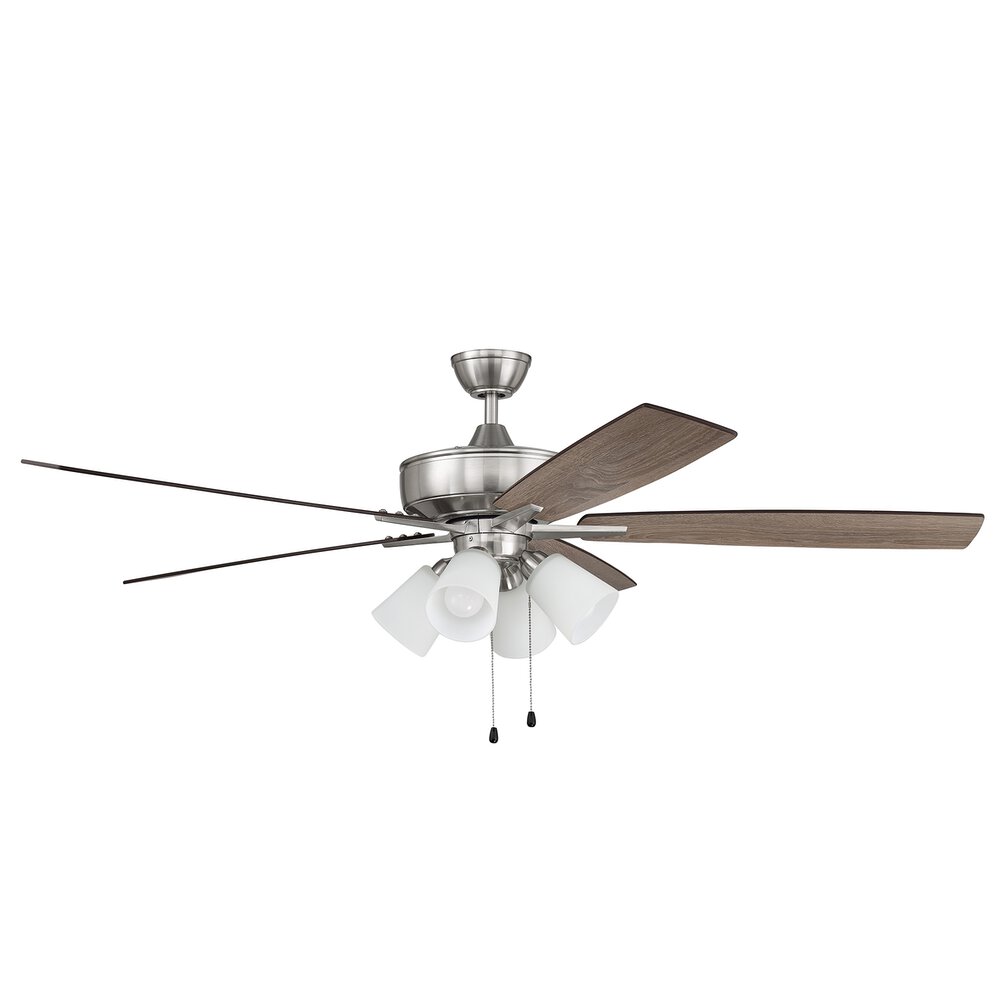 60" Super Pro Fan With 4 Light Kit And Blades In Brushed Polished Nickel And Frost White Glass