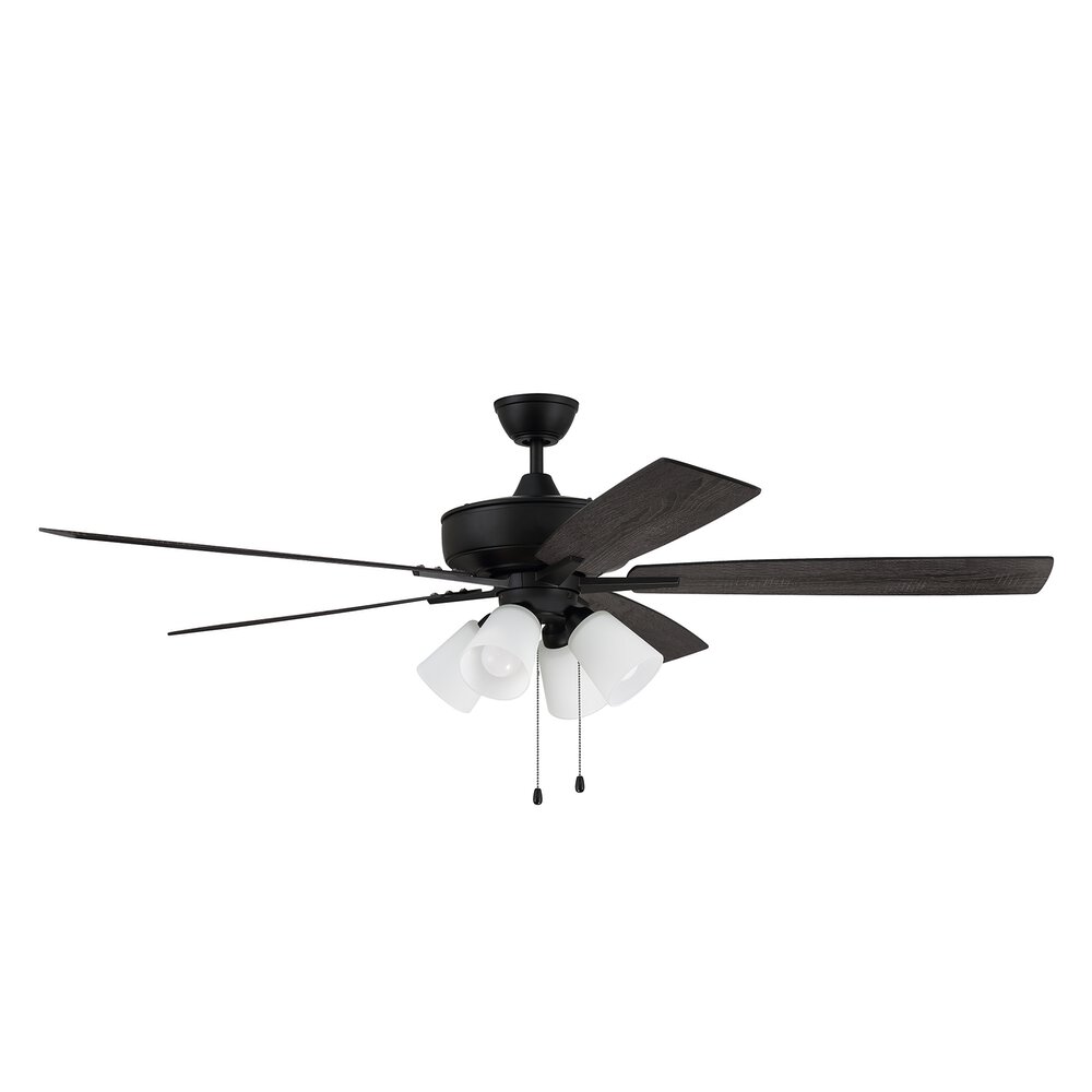 60" Super Pro Fan With 4 Light Kit And Blades In Flat Black And Frost White Glass