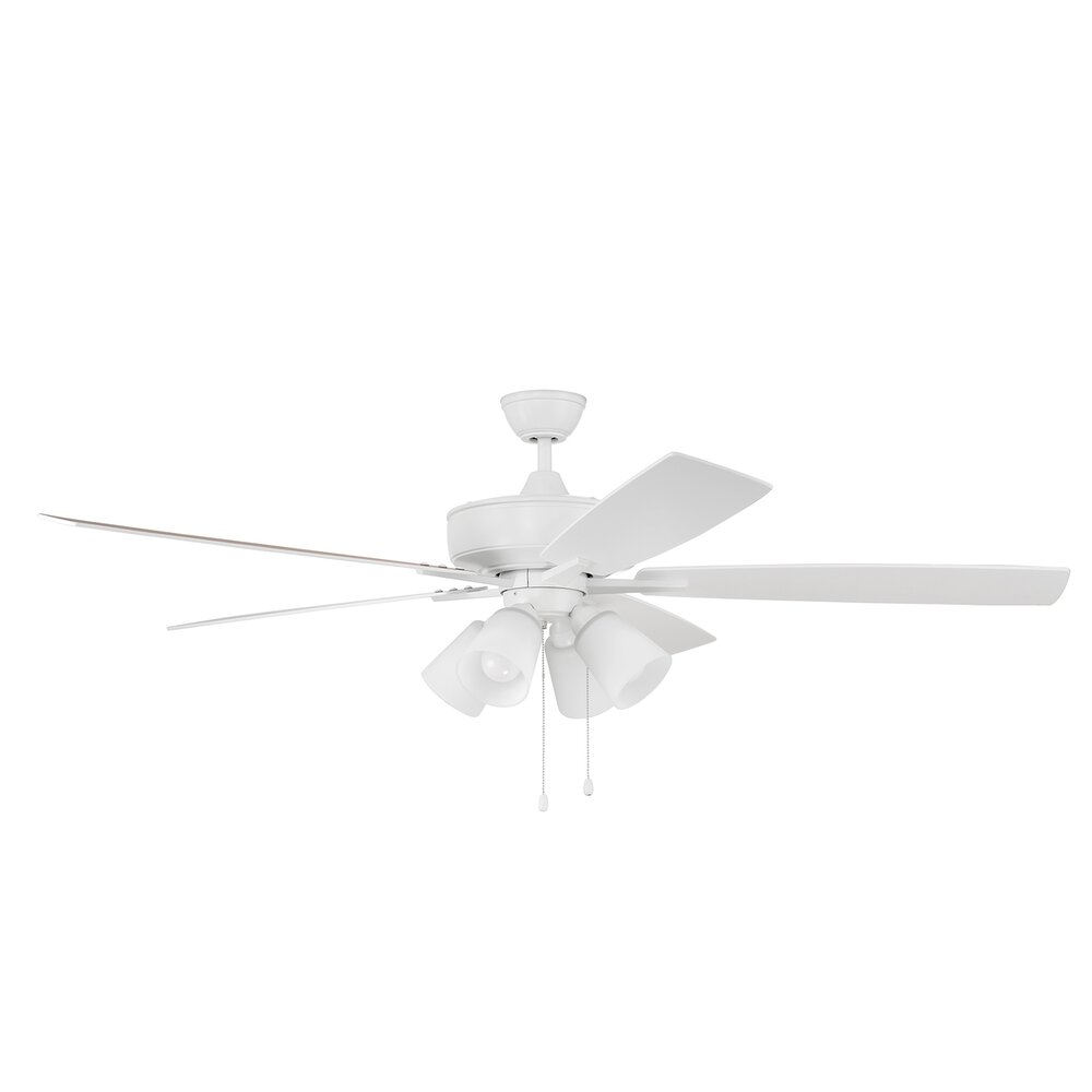 60" Super Pro Fan With 4 Light Kit And Blades In White And Frost White Glass