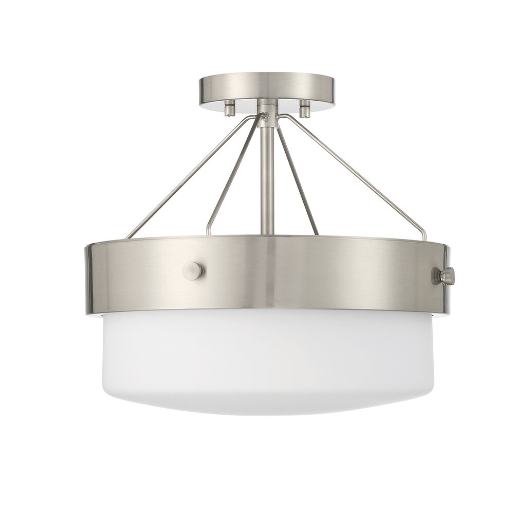 2 Light Convertible Semi Flush In Brushed Polished Nickel/Whiskey Barrel And Frost White Glass