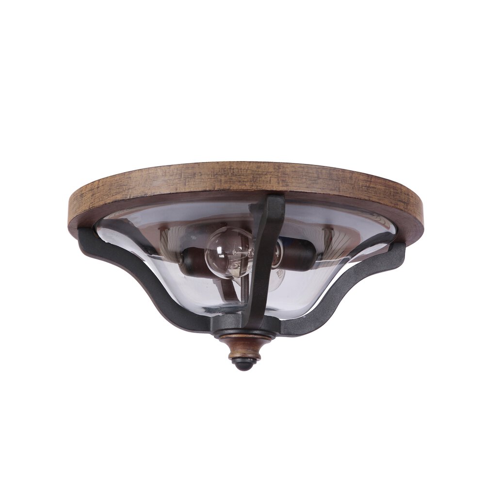 2 Light Flushmount In Textured Black / Whiskey Barrel And Clear Glass
