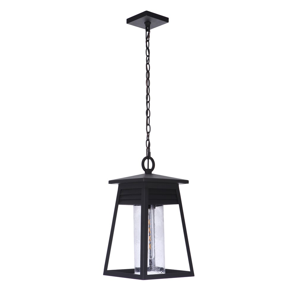 Large 1 Light Outdoor Pendant In Matte Black And Seeded Glass