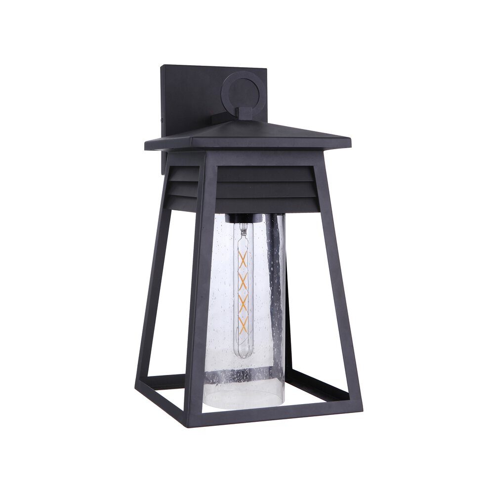 Large 1 Light Outdoor Lantern In Matte Black And Seeded Glass