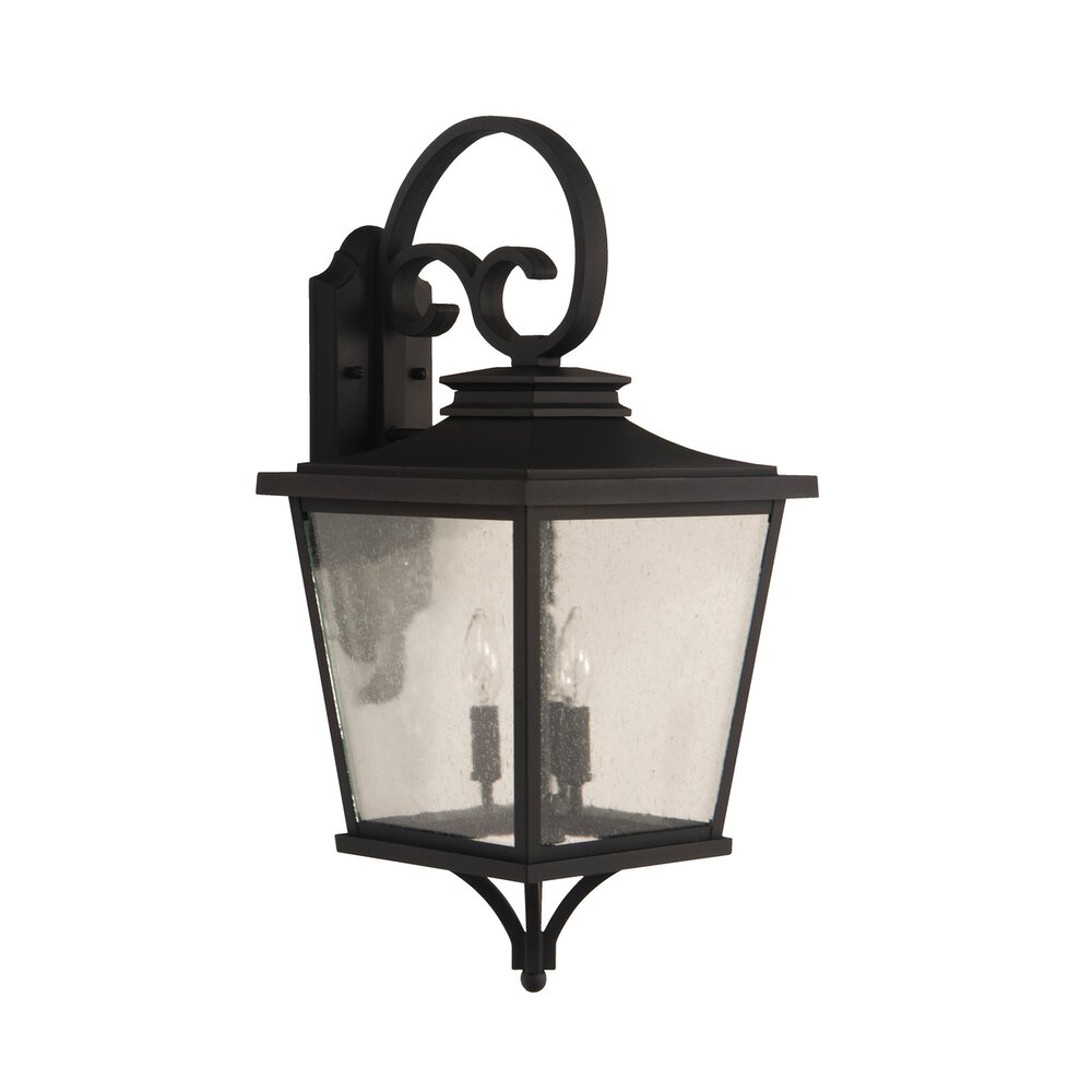 Large 3 Light Outdoor Lantern In Matte Black And Seeded Glass