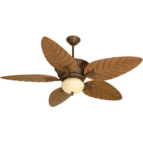 54" Ceiling Fan in Aged Bronze with Outdoor Tropic Isle Blades in Light Oak and Optional Light Kit