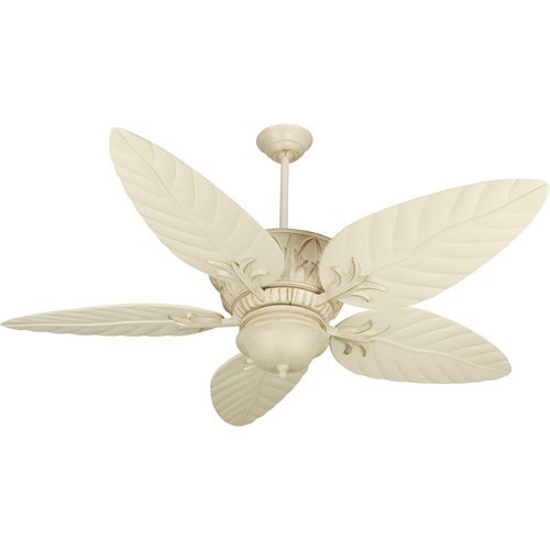54" Ceiling Fan in Antique White Distressed with Outdoor Tropic Isle Blades in Antique White and Optional Light Kit