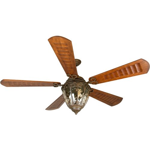 70" Ceiling Fan in Aged Bronze with Custom Carved Blades in Scalloped Walnut and Integrated Light Kit