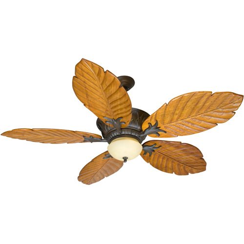56" Ceiling Fan in Aged Bronze with Tropic Isle Blades in Light Oak Philodendron and Light Kit