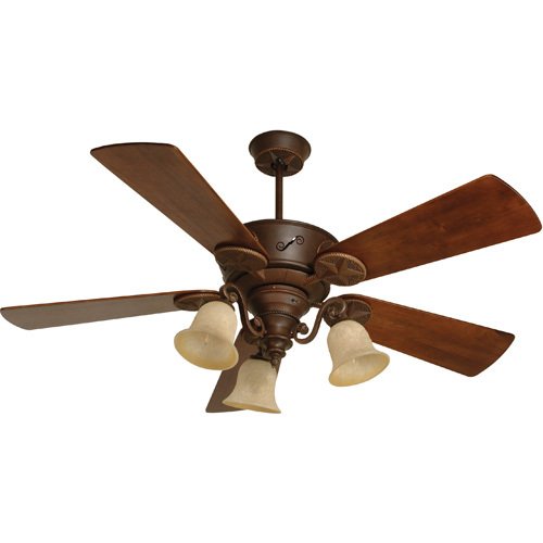 54" Ceiling Fan with Premier Blades in Hand Scraped Walnut and Light Kit in Aged Bronze with Antique Scavo Glass