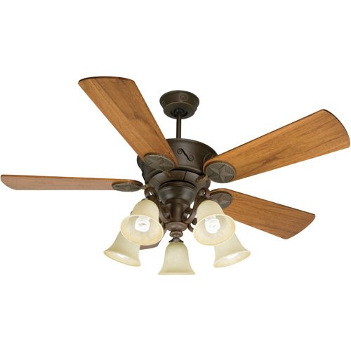 54" Ceiling Fan with Premier Blades in Distressed Teak and 5 Light Scroll Light Kit in Aged Bronze with Antique Scavo Glass