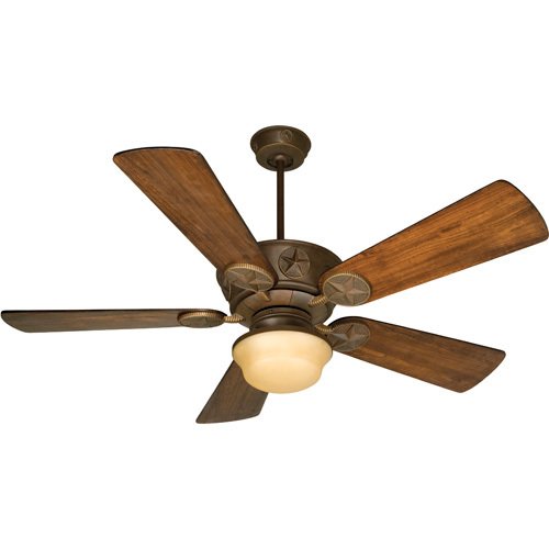 54" Ceiling Fan with Premier Blades in Distressed Oak and Trellis Light Kit in Aged Bronze with Amber Glass