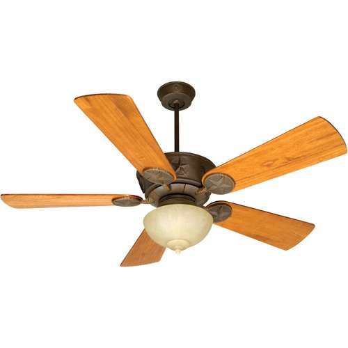 54" Ceiling Fan in Aged Bronze with Premier Blades in Distressed Teak and Outdoor Tea Stained Bowl