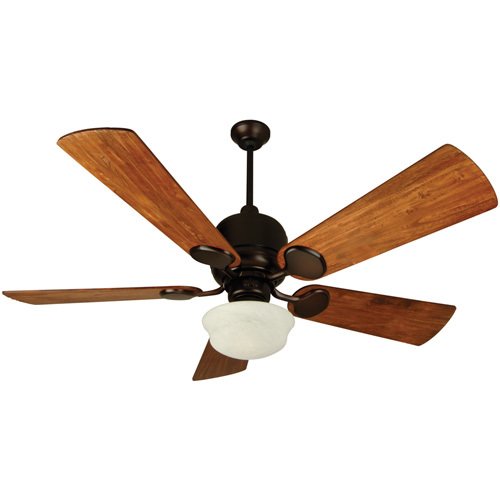 54" Ceiling Fan with Premier Blades in Hand Scraped Teak and School House Light Kit in Oiled Bronze with Alabaster Swirl Glass